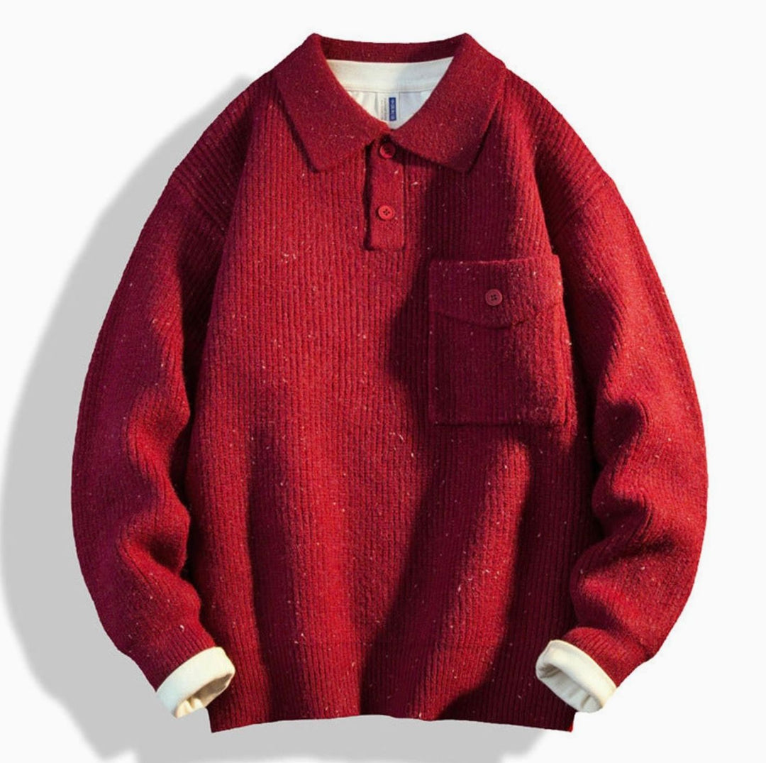 Men's Oversized Ribbed Knit Polo Sweater with Chest Pocket - Red