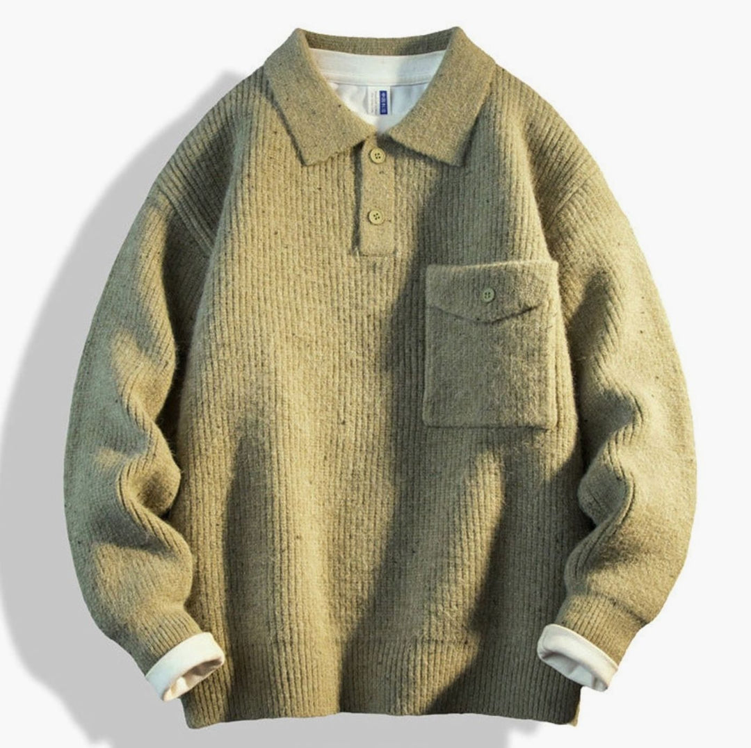 Men's Oversized Ribbed Knit Polo Sweater with Chest Pocket - Green