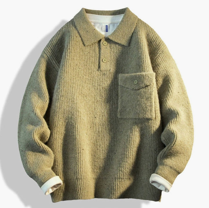 Men's Oversized Ribbed Knit Polo Sweater with Chest Pocket - Green
