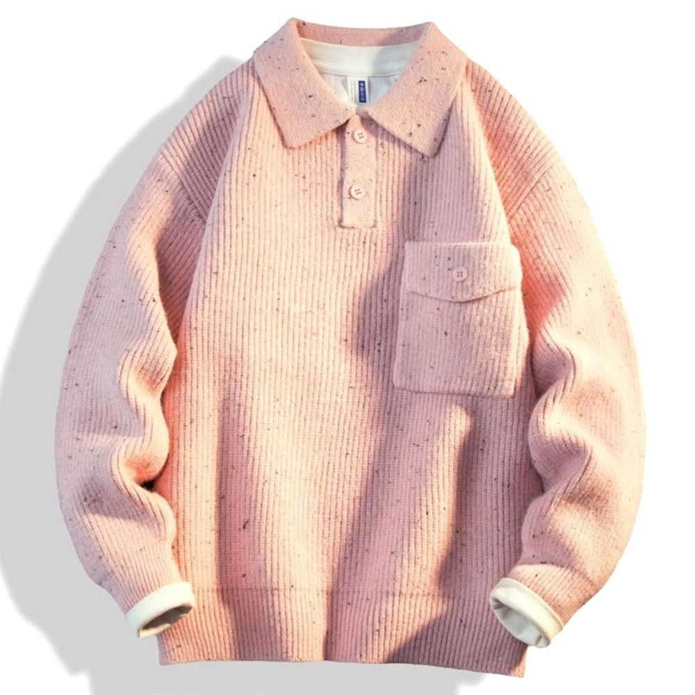 Men's Oversized Ribbed Knit Polo Sweater with Chest Pocket