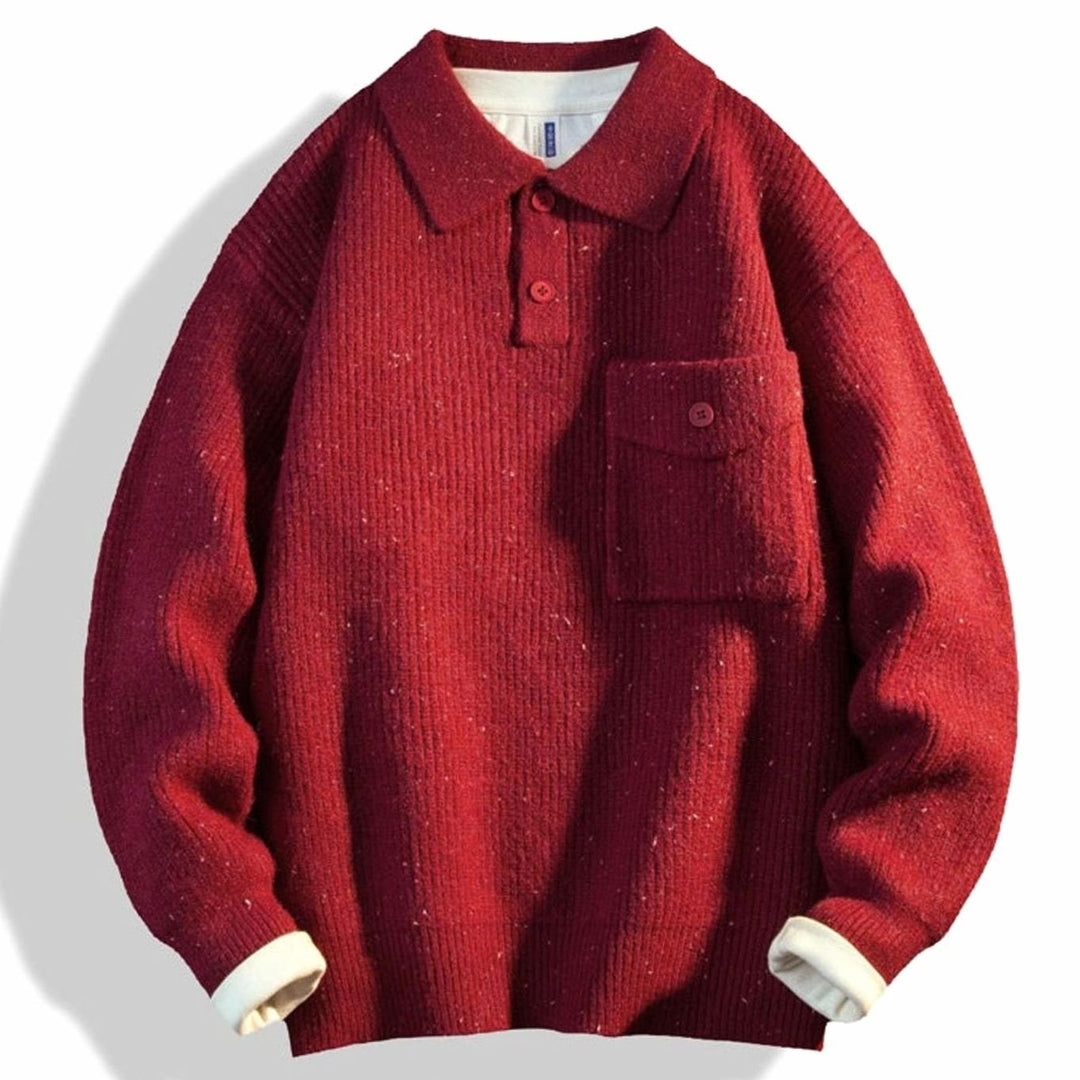 Men's Oversized Ribbed Knit Polo Sweater with Chest Pocket
