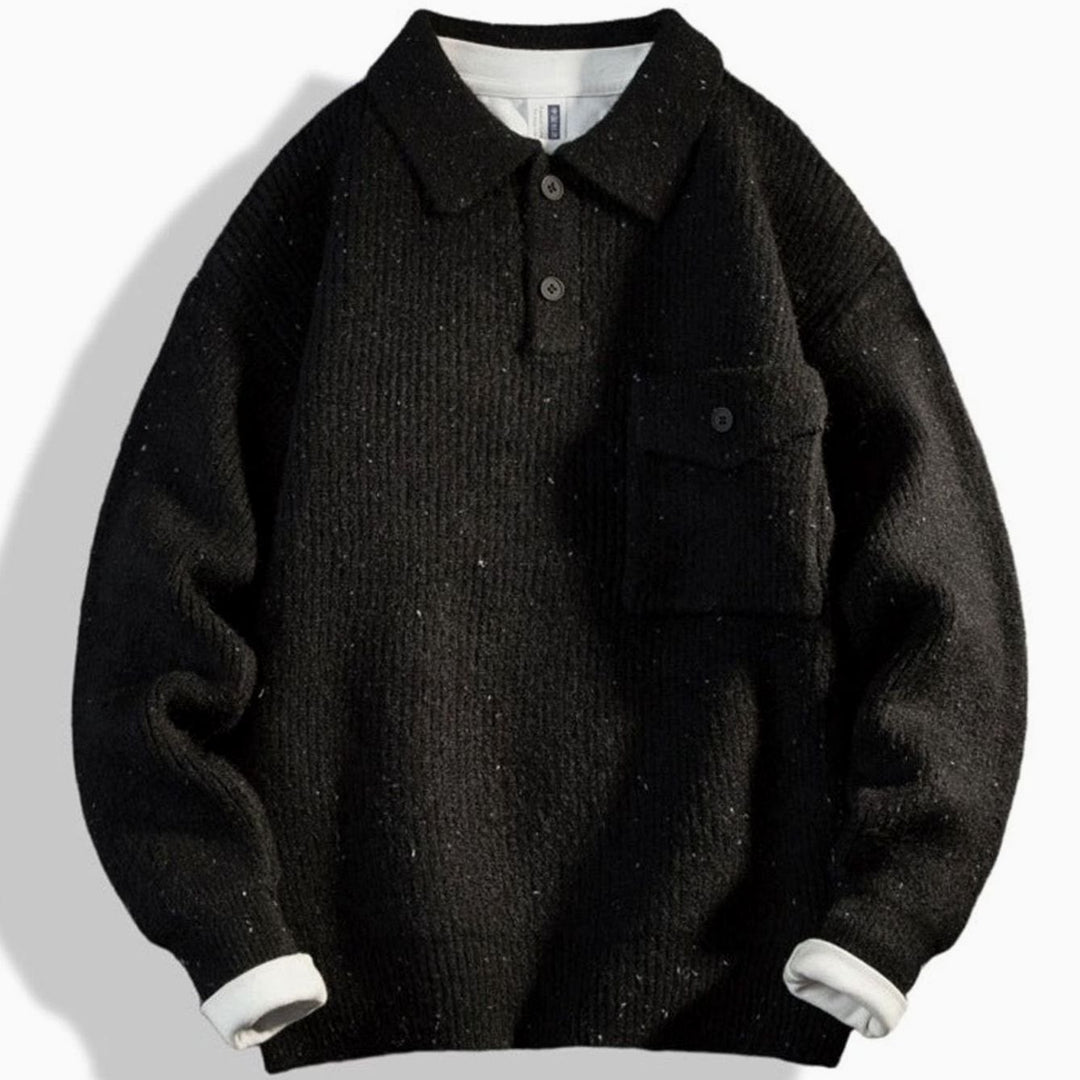 Men's Oversized Ribbed Knit Polo Sweater with Chest Pocket