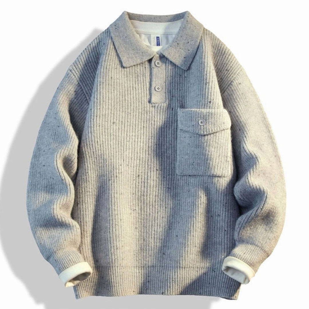 Men's Oversized Ribbed Knit Polo Sweater with Chest Pocket