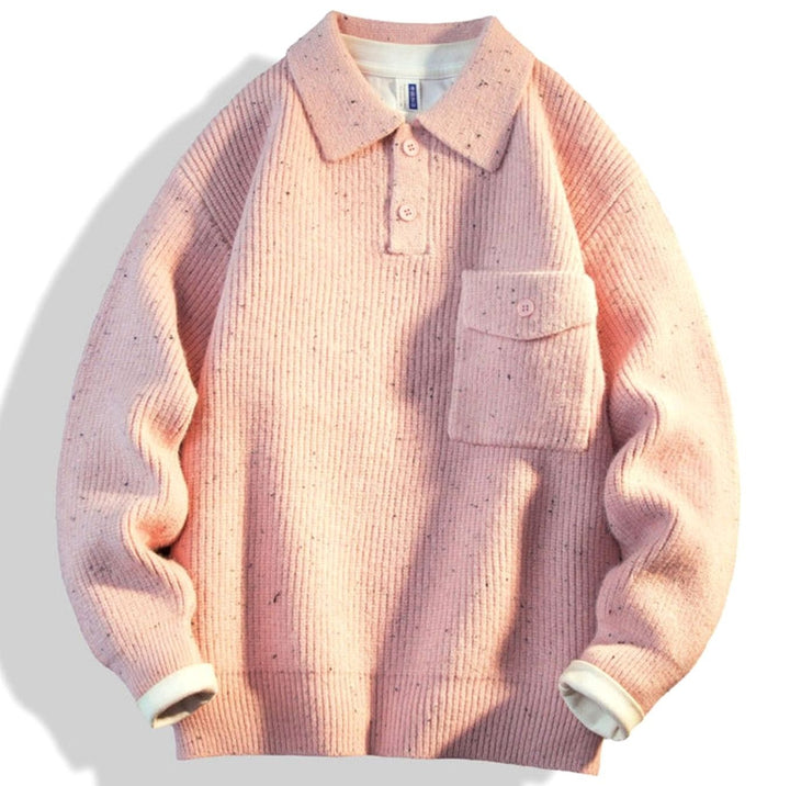 Men's Oversized Ribbed Knit Polo Sweater with Chest Pocket - Pink