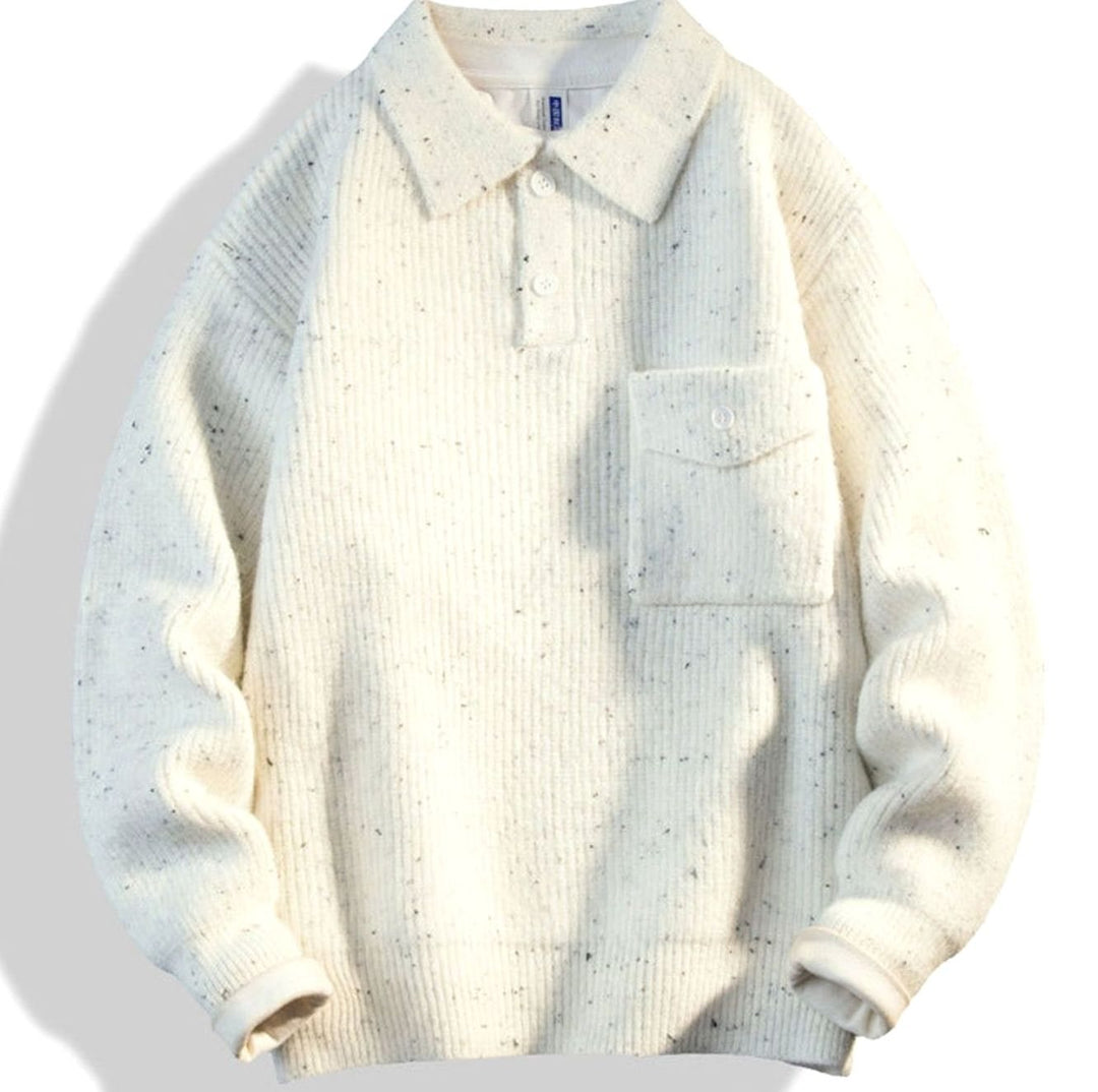 Men's Oversized Ribbed Knit Polo Sweater with Chest Pocket - White