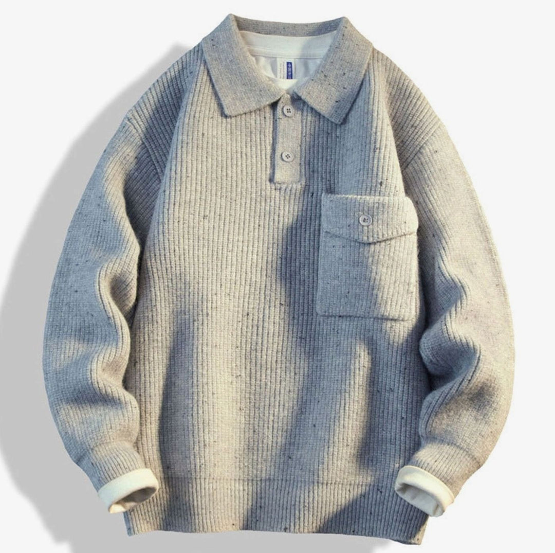 Men's Oversized Ribbed Knit Polo Sweater with Chest Pocket - Gray