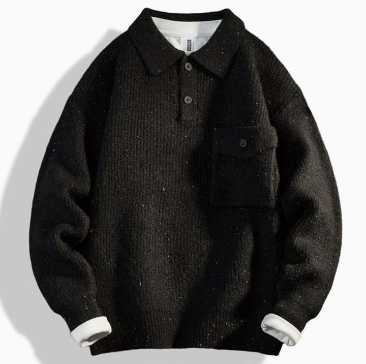 Men's Oversized Ribbed Knit Polo Sweater with Chest Pocket - Black