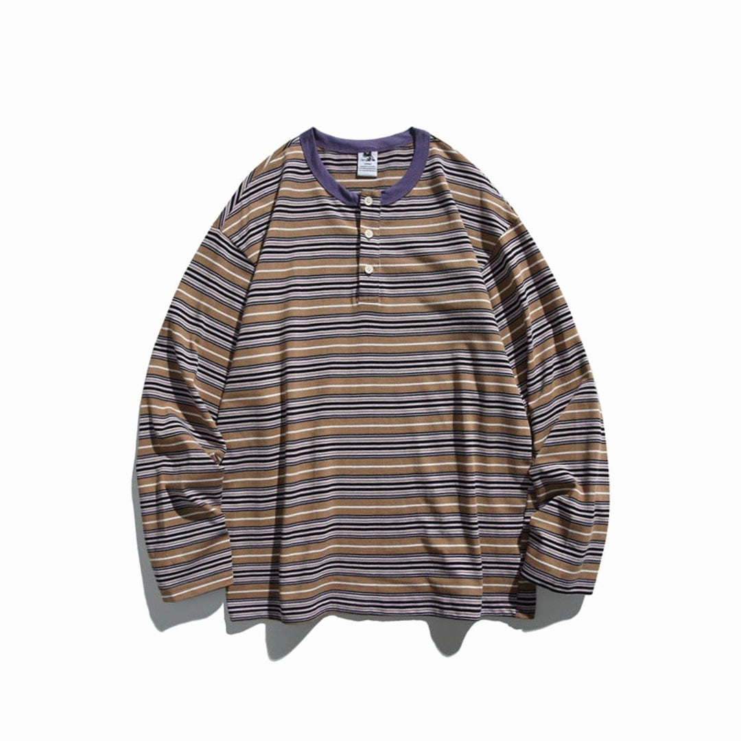 Men's Oversized Striped Long Sleeve Henley Shirt Relaxed Fit, Brown - Violet Striped