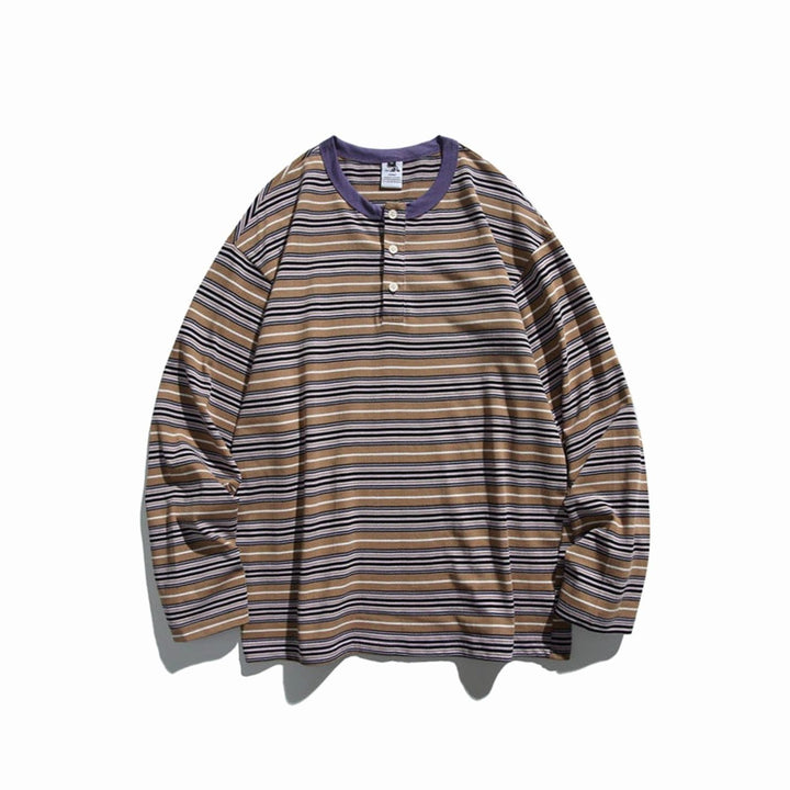 Men's Oversized Striped Long Sleeve Henley Shirt Relaxed Fit, Brown - Violet Striped