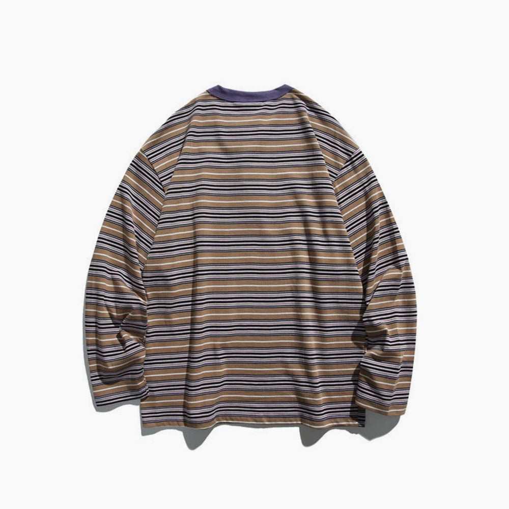 Men's Oversized Striped Long Sleeve Henley Shirt Relaxed Fit, Brown