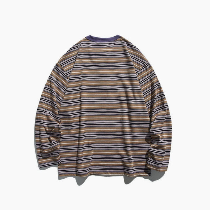 Men's Oversized Striped Long Sleeve Henley Shirt Relaxed Fit, Brown