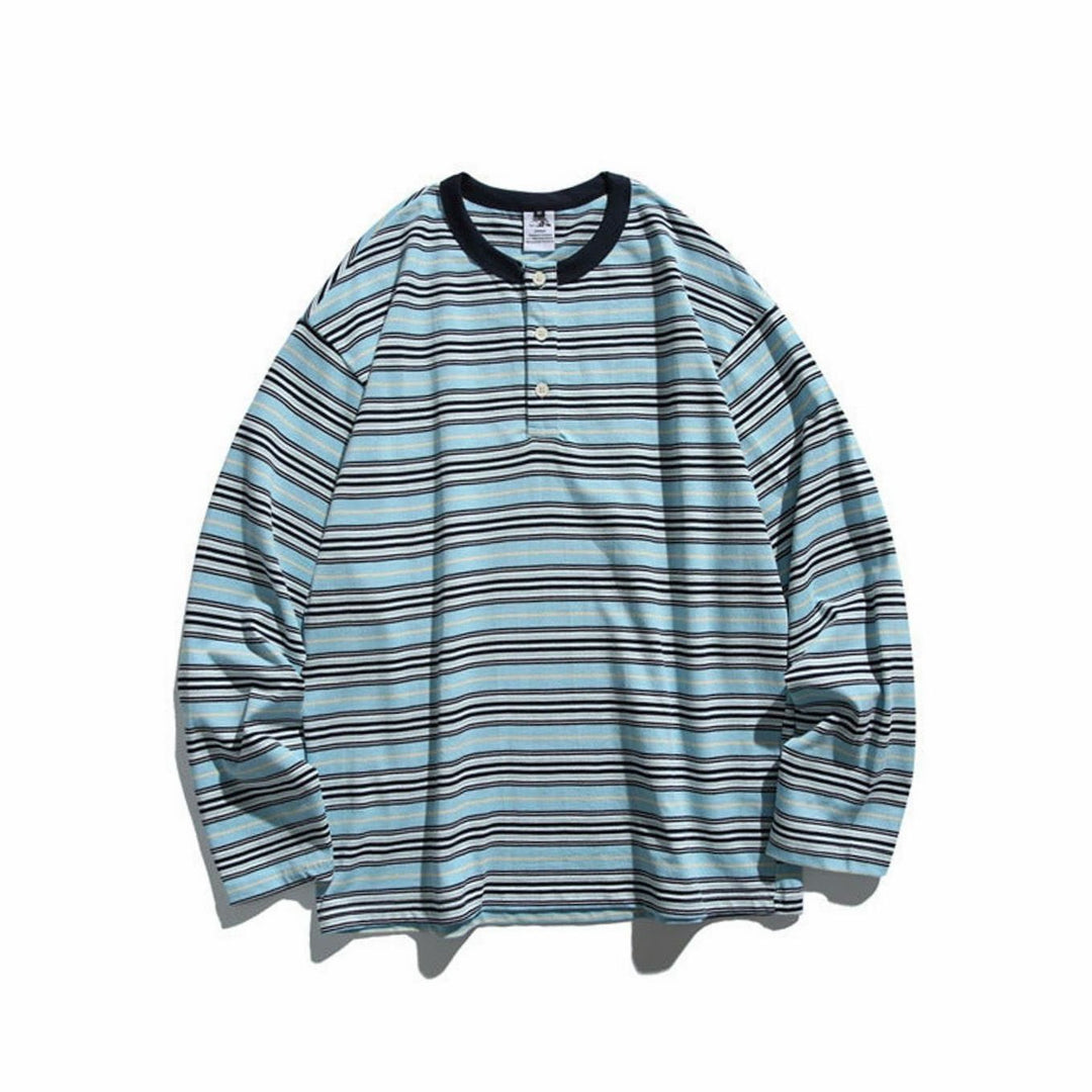 Men's Oversized Striped Long Sleeve Henley Shirt Relaxed Fit, Brown - Blue Striped