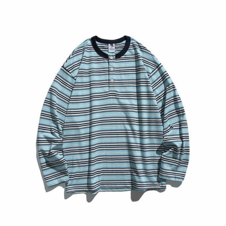 Men's Oversized Striped Long Sleeve Henley Shirt Relaxed Fit, Brown - Blue Striped