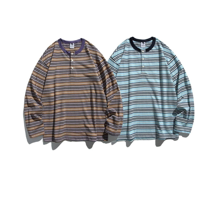 Men's Oversized Striped Long Sleeve Henley Shirt Relaxed Fit, Brown