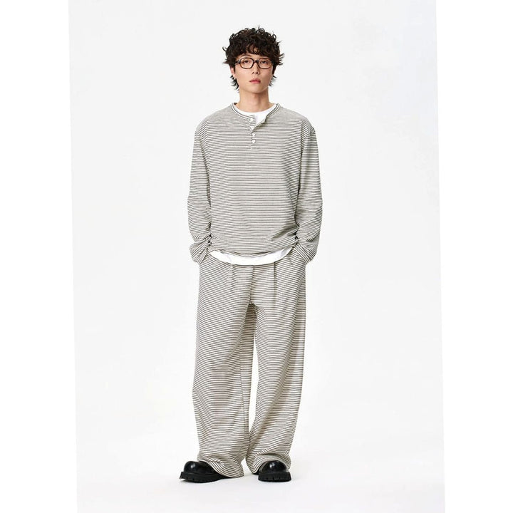 Men's Oversized Striped Long Sleeve Henley Shirt Relaxed Fit