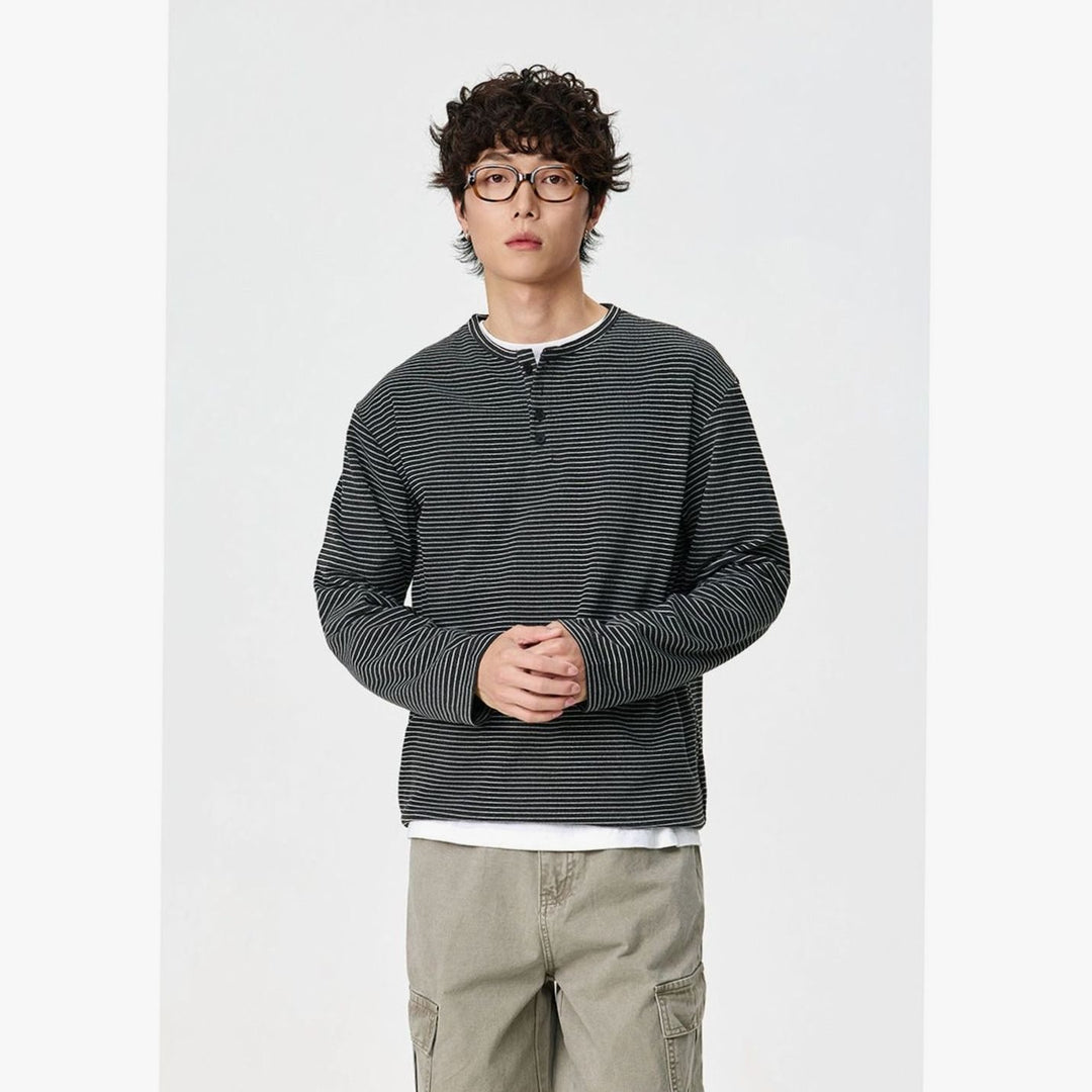 Men's Oversized Striped Long Sleeve Henley Shirt Relaxed Fit