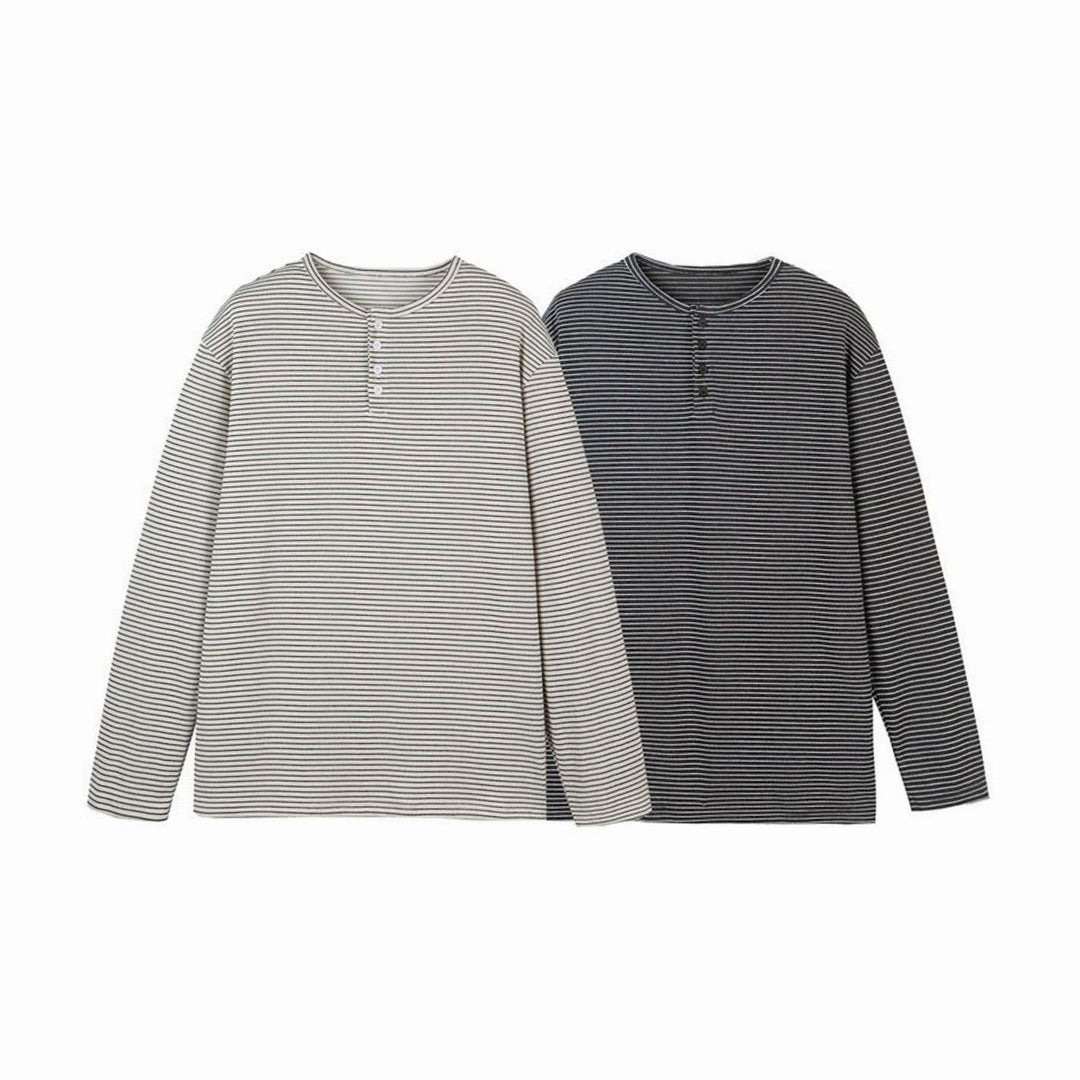 Men's Oversized Striped Long Sleeve Henley Shirt Relaxed Fit