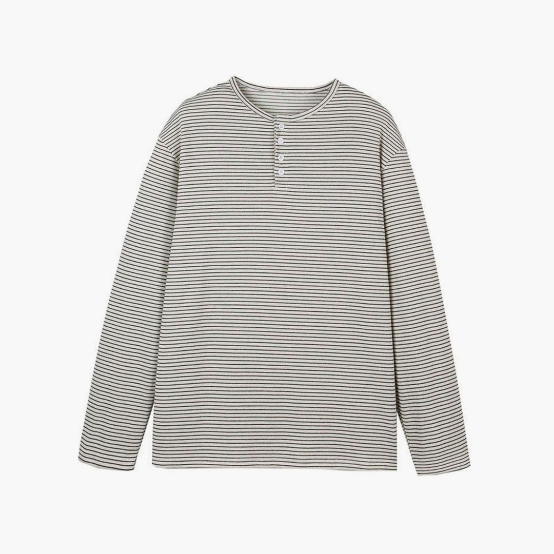 Men's Oversized Striped Long Sleeve Henley Shirt Relaxed Fit - Beige