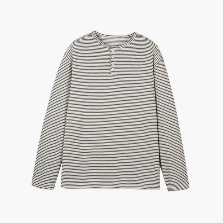Men's Oversized Striped Long Sleeve Henley Shirt Relaxed Fit - Beige