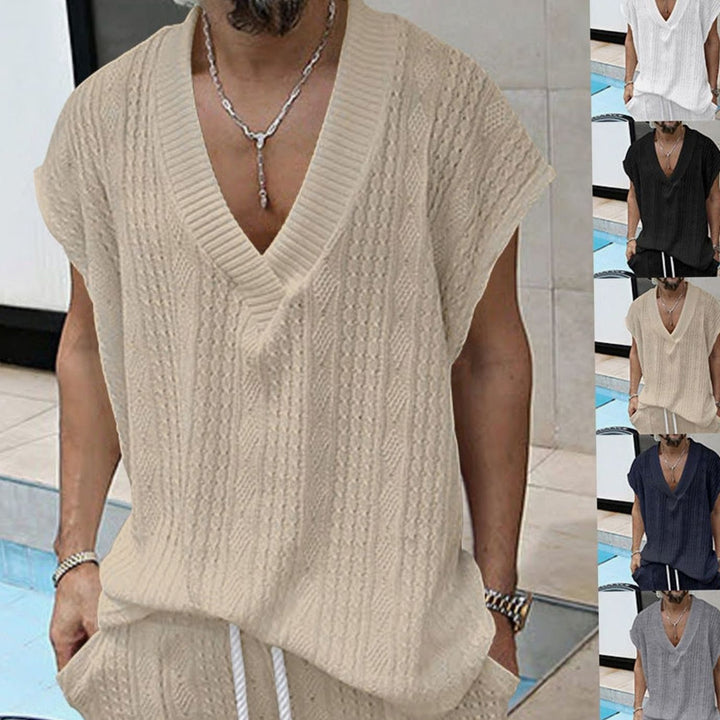 Men's Oversized V-Neck Textured Knit Short-Sleeve Top