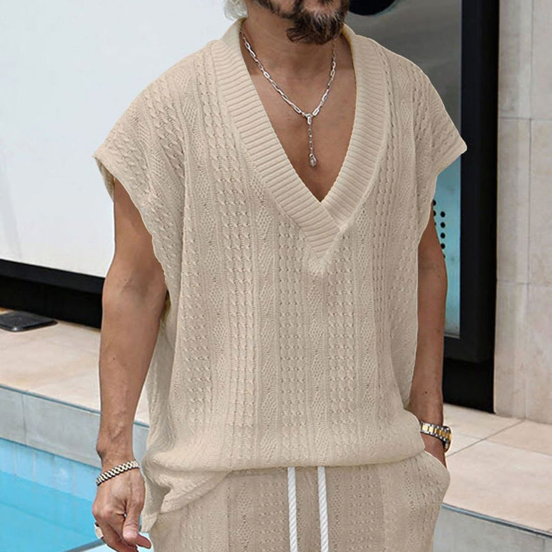 Men's Oversized V-Neck Textured Knit Short-Sleeve Top - Khaki