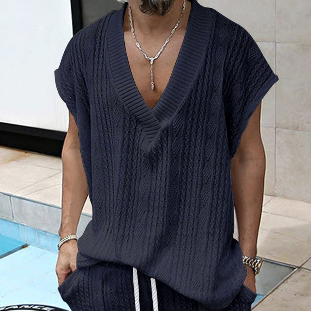 Men's Oversized V-Neck Textured Knit Short-Sleeve Top