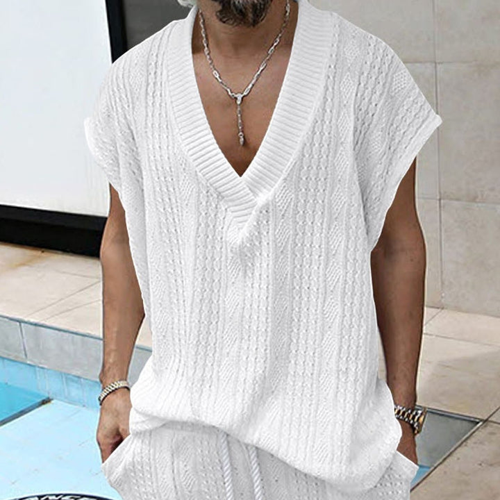 Men's Oversized V-Neck Textured Knit Short-Sleeve Top