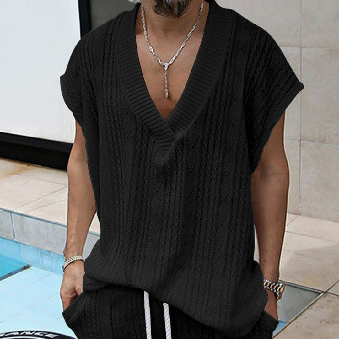 Men's Oversized V-Neck Textured Knit Short-Sleeve Top
