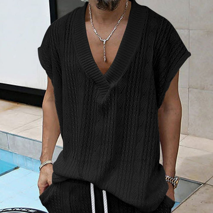 Men's Oversized V-Neck Textured Knit Short-Sleeve Top