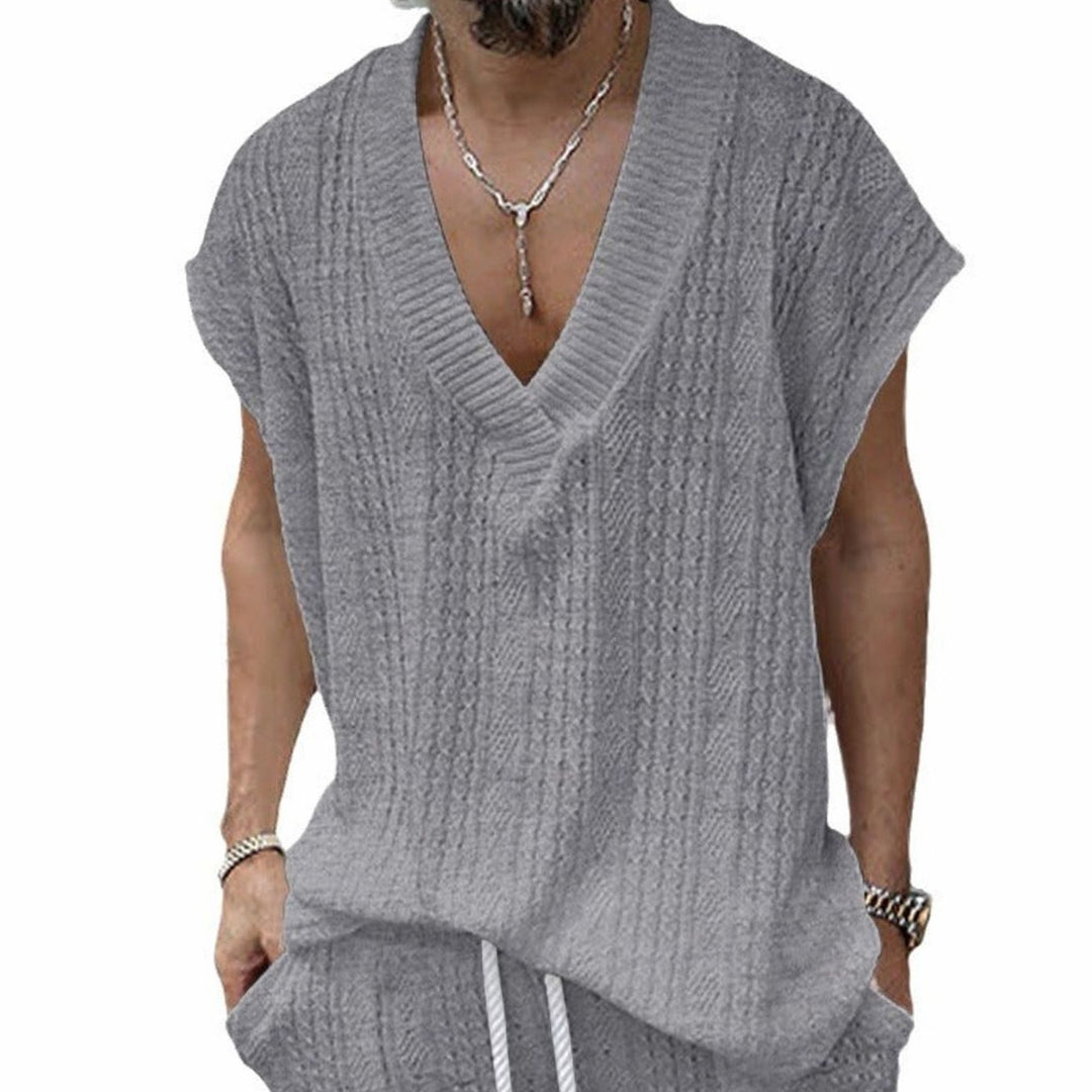 Men's Oversized V-Neck Textured Knit Short-Sleeve Top