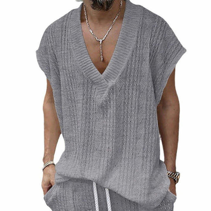 Men's Oversized V-Neck Textured Knit Short-Sleeve Top