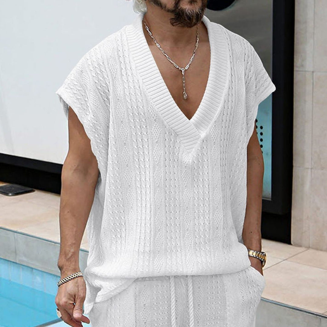 Men's Oversized V-Neck Textured Knit Short-Sleeve Top - White