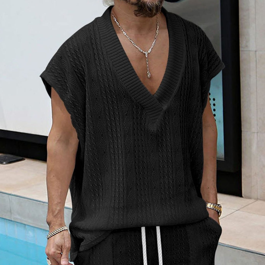 Men's Oversized V-Neck Textured Knit Short-Sleeve Top - Black