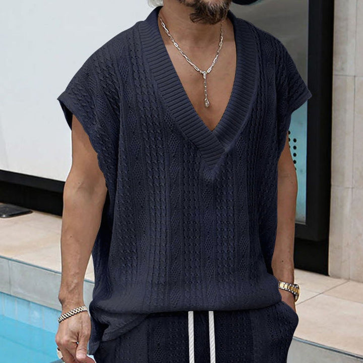Men's Oversized V-Neck Textured Knit Short-Sleeve Top - Navy Blue