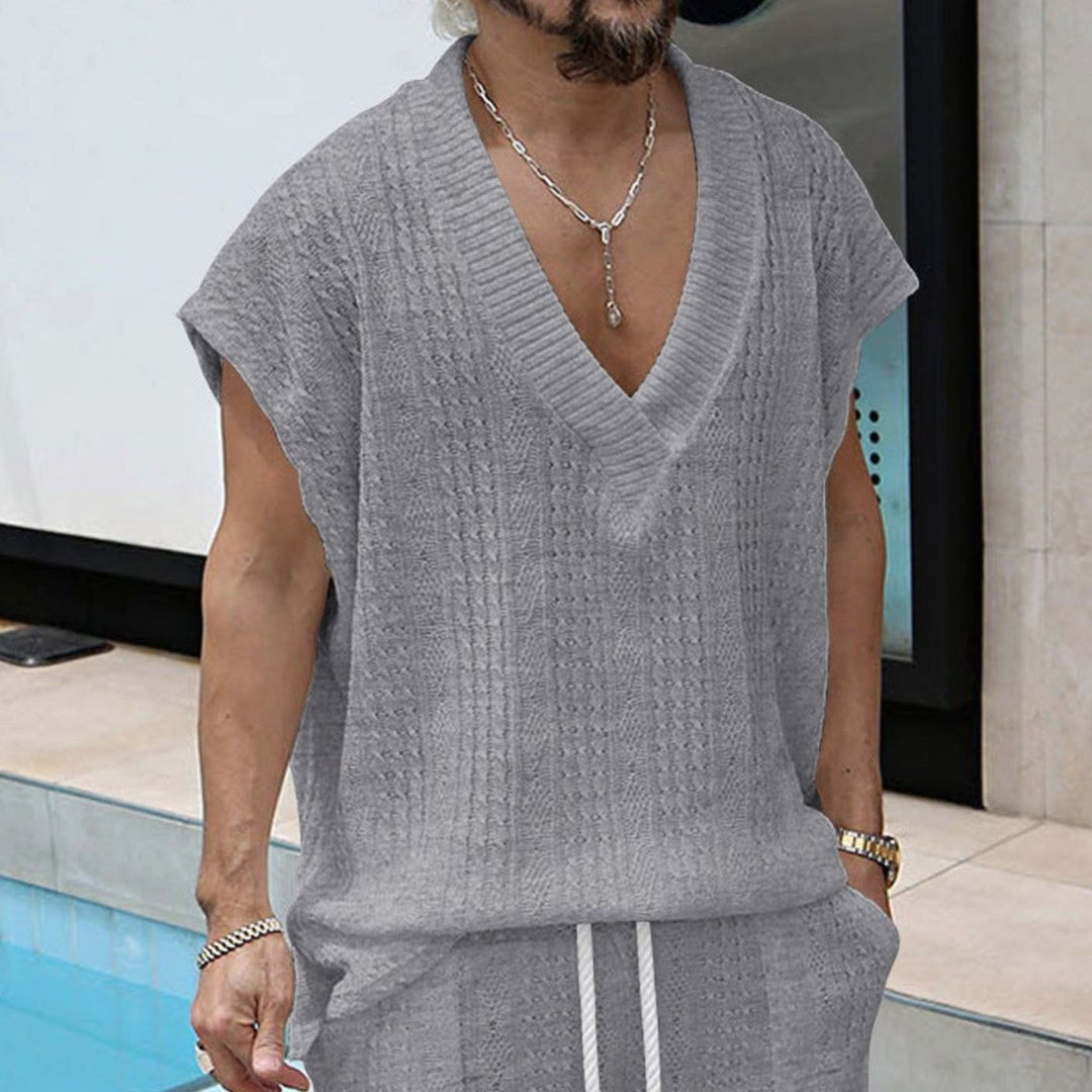 Men's Oversized V-Neck Textured Knit Short-Sleeve Top - Light Gray
