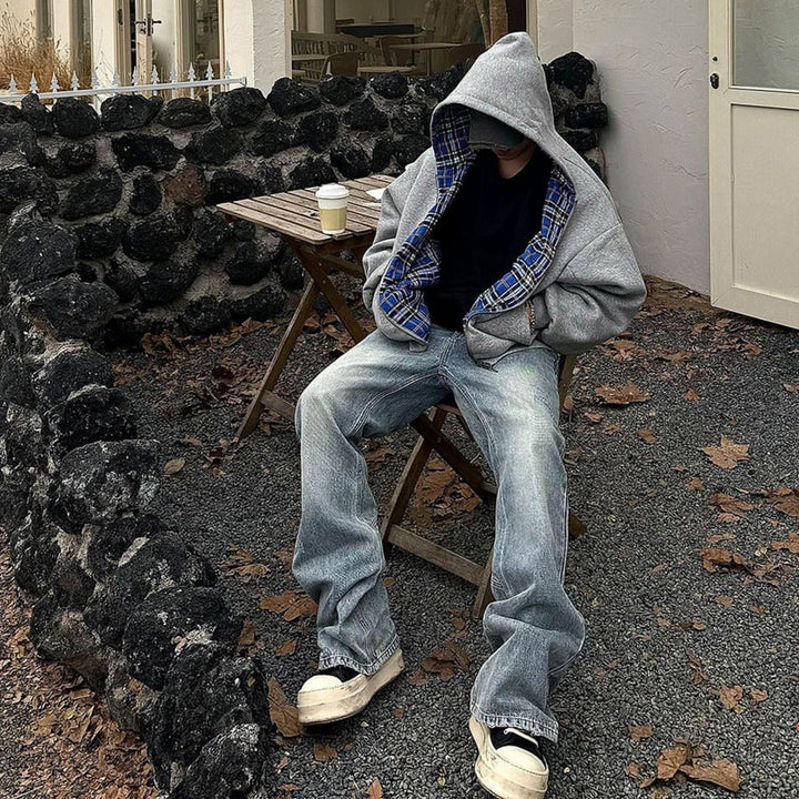 Men's Padded Hooded Bomber Jacket Plaid-Lined Full-Zip