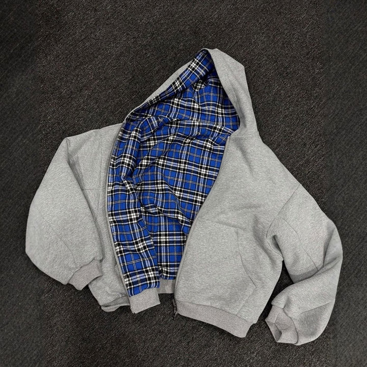 Men's Padded Hooded Bomber Jacket Plaid-Lined Full-Zip