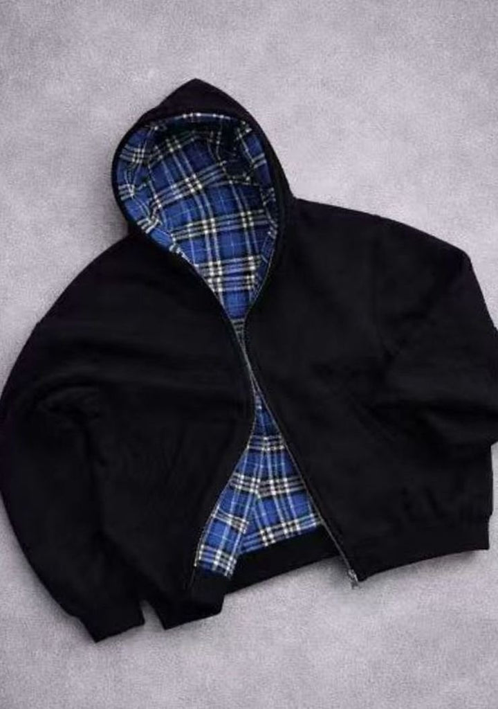 Men's Padded Hooded Bomber Jacket Plaid-Lined Full-Zip - Black Blue