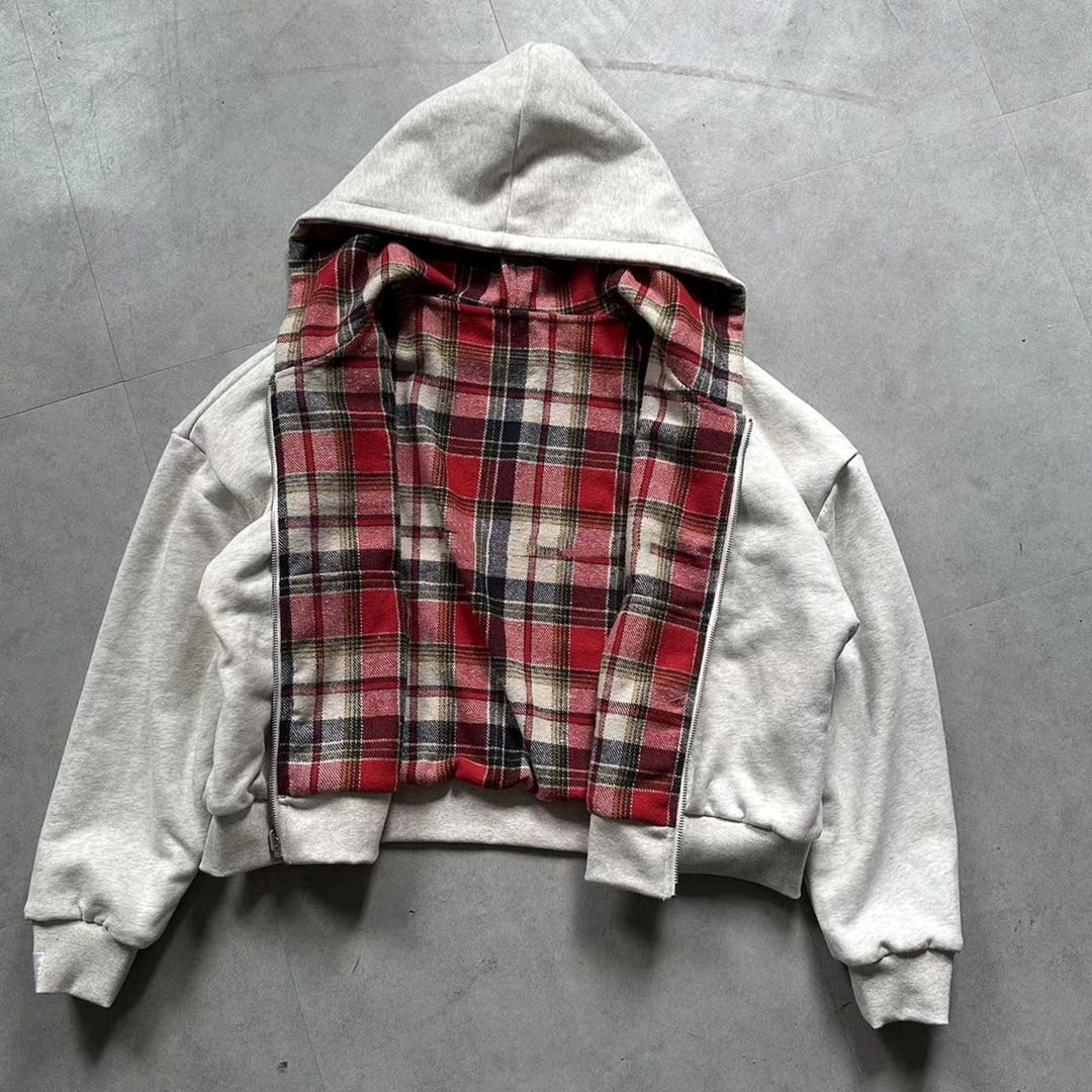 Men's Padded Hooded Bomber Jacket Plaid-Lined Full-Zip - Gray Red