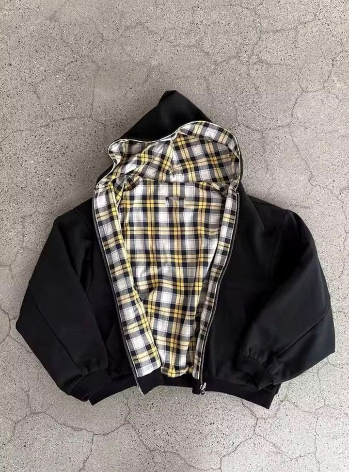 Men's Padded Hooded Bomber Jacket Plaid-Lined Full-Zip - Black