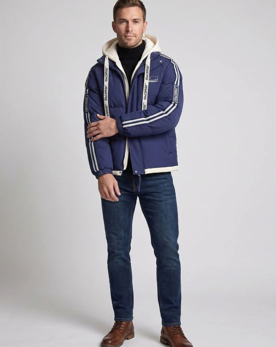 Men's Padded Hooded Parka Striped Sleeve Winter Jacket