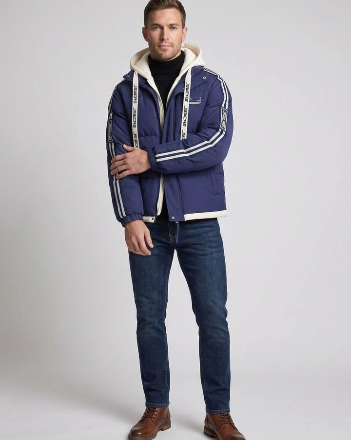 Men's Padded Hooded Parka Striped Sleeve Winter Jacket