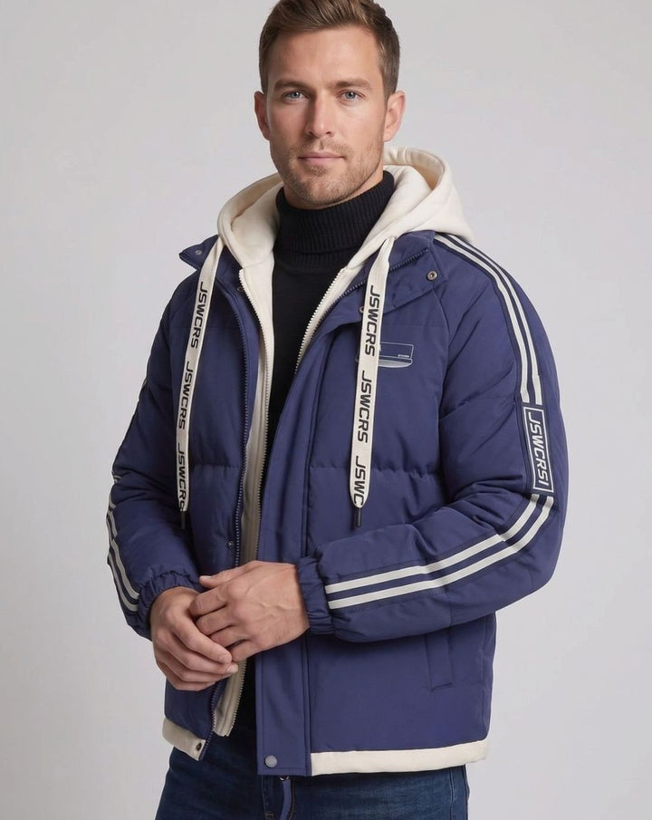 Men's Padded Hooded Parka Striped Sleeve Winter Jacket
