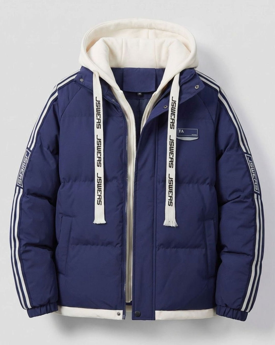 Men's Padded Hooded Parka Striped Sleeve Winter Jacket - Dark Blue
