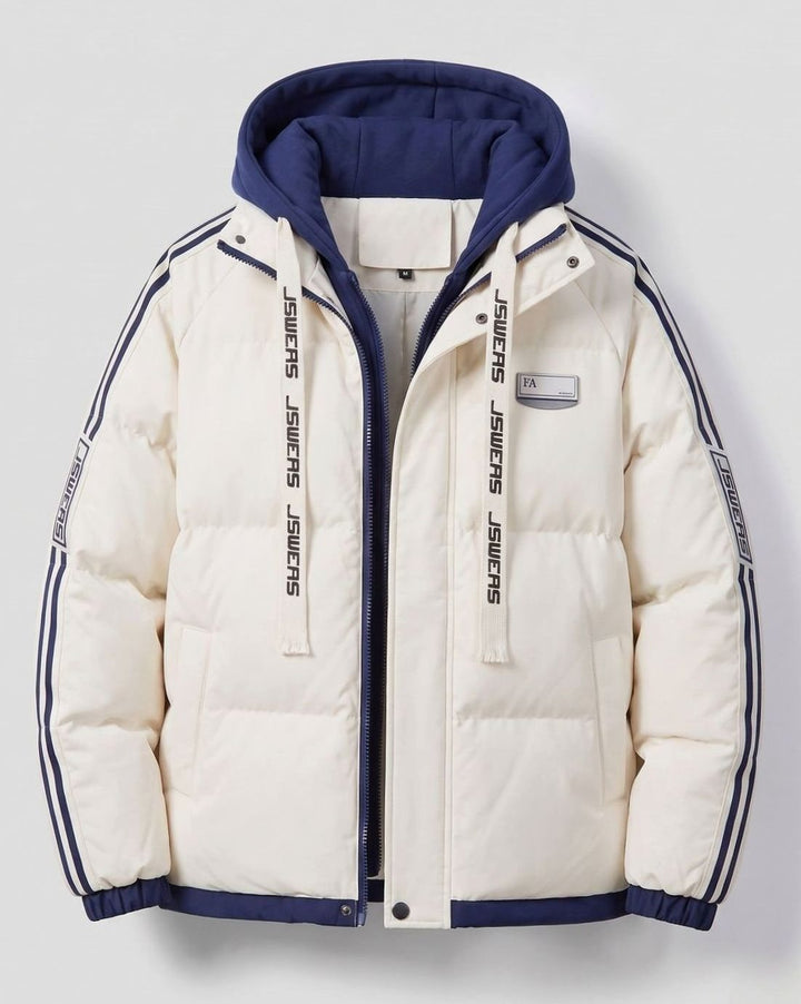 Men's Padded Hooded Parka Striped Sleeve Winter Jacket - Apricot