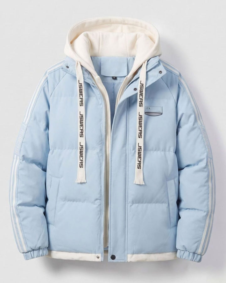 Men's Padded Hooded Parka Striped Sleeve Winter Jacket - Glacier Blue