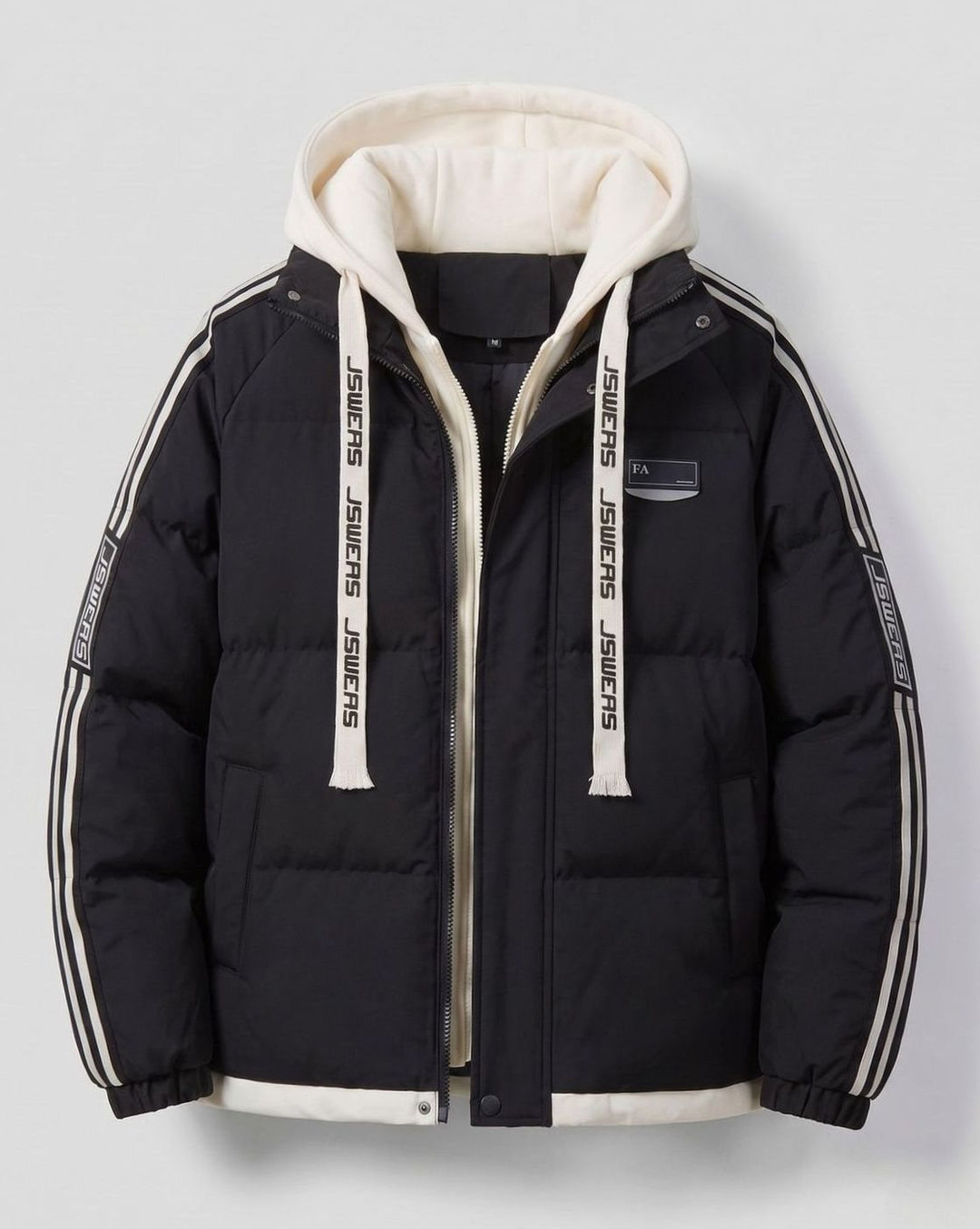 Men's Padded Hooded Parka Striped Sleeve Winter Jacket - Black