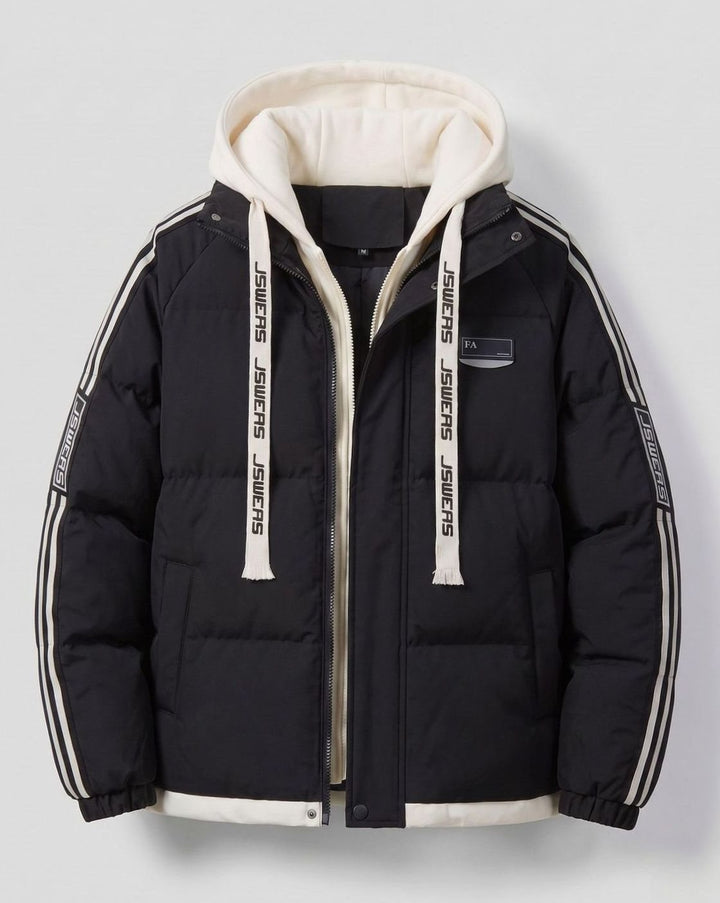 Men's Padded Hooded Parka Striped Sleeve Winter Jacket - Black