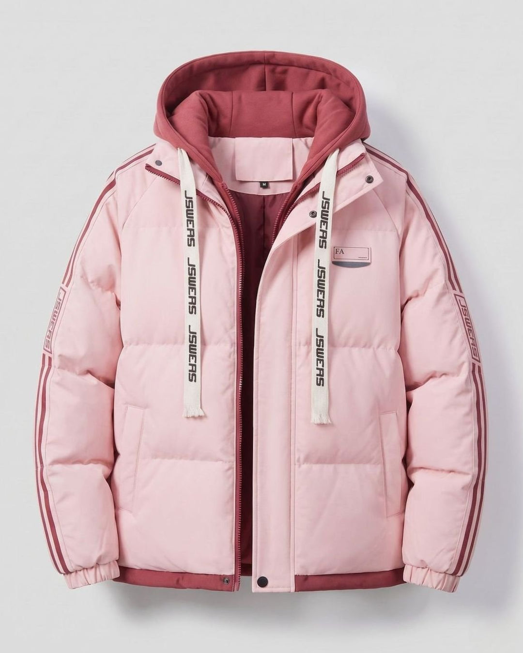 Men's Padded Hooded Parka Striped Sleeve Winter Jacket - Cherry Blossom Pink