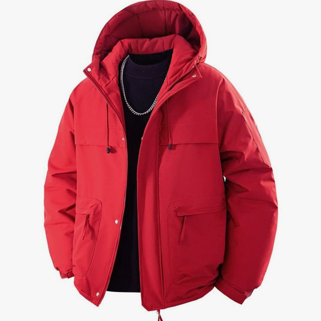 Men's Padded Hooded Parka Winter Jacket Zip Pockets - Cinnabar Red